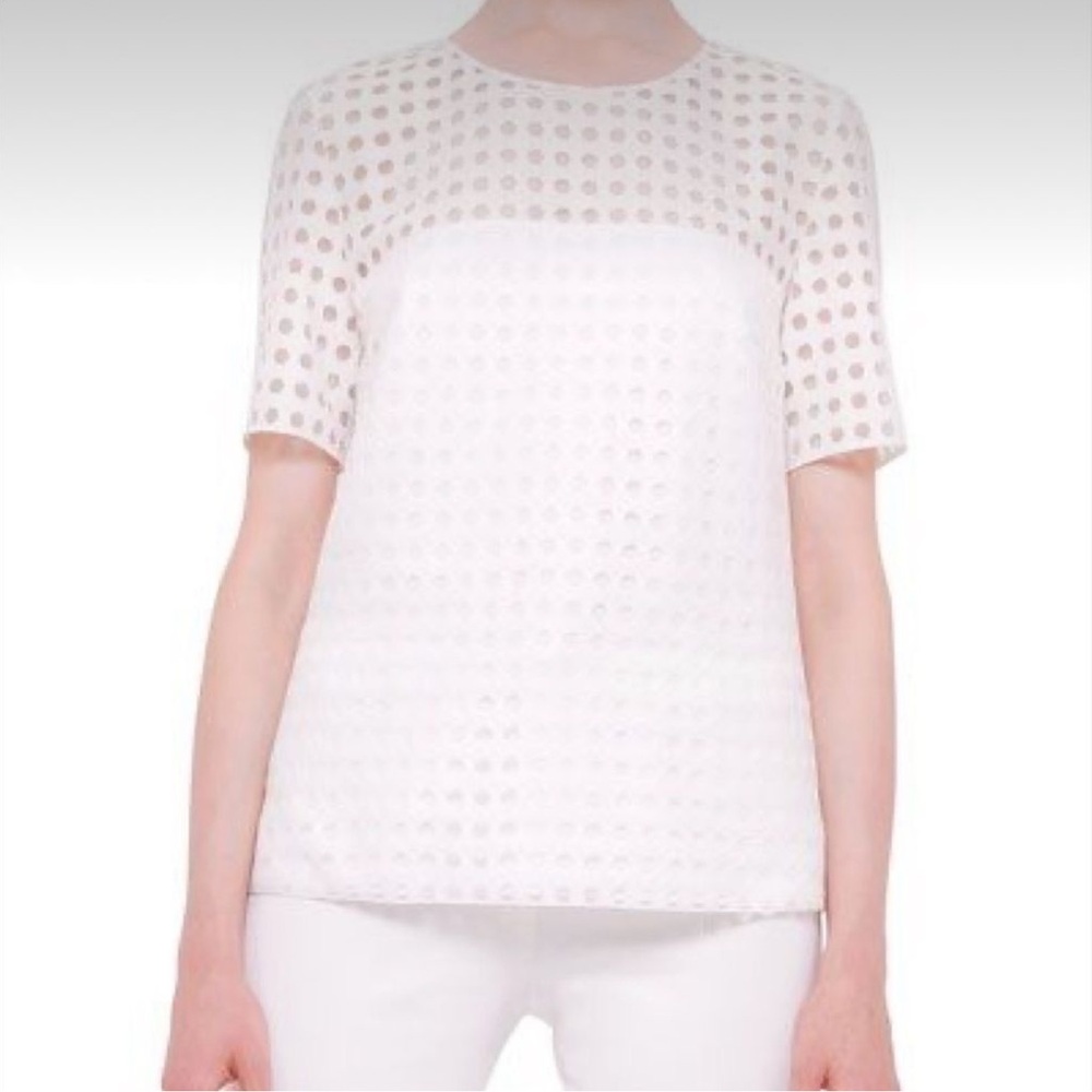 Akris Punto Sheer Mesh Polka Dot Top in White‎ US 10 Quiet Luxury Short Sleeve